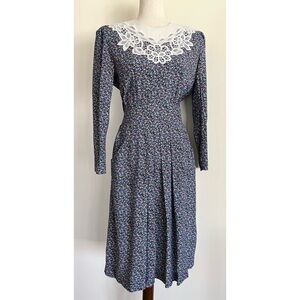 Vintage 80s 90s Karin Stevens Ditsy Floral Cottage Prairie Dress Lace Collar Sm